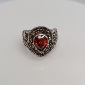 Vintage Garnet  w/Marcasite Sterling Ring sz 6, VGC.